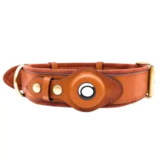 Location Tracker Leather Dog Pet Collar [Orange-M]
