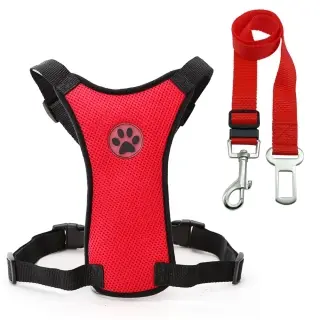 Breathable mesh chest straps Pet car safety chest back [M-Red Set]
